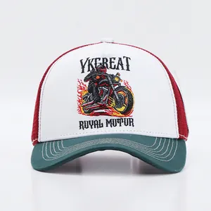 Detailed front view of tricolor mesh trucker hat with YKGREAT motorcycle embroidery