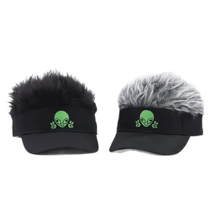Funny alien baseball cap with long synthetic hair wig and green embroidery