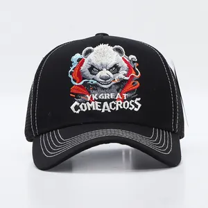 Detailed close-up of high-density panda embroidery and white contrast stitching on trucker hat