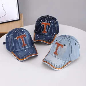 Fashionable denim baseball caps with rhinestones and orange letter T decoration