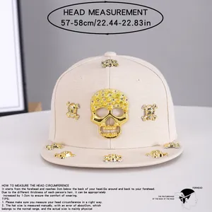 Flat brim snapback hat with gold skull metal ornaments and size guide 57-58cm