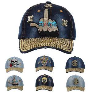 Women's Punk Heavy Industry Rhinestone Denim Baseball Cap Skull Dollar Sign Embroidery Adjustable Hip Hop Streetwear Rock Hat