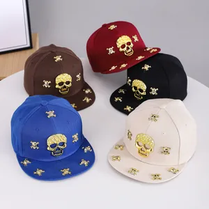 Hip-hop flat brim baseball caps with gold metal skull studs in five assorted colors