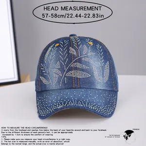 Detailed size chart for denim rhinestone baseball cap showing 57-58cm head circumference