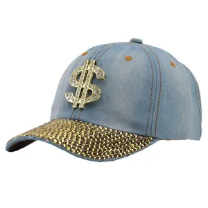 Denim baseball cap featuring a gold rhinestone dollar sign and a crystal-encrusted brim