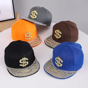Flat brim hip-hop snapback hat with rhinestone dollar sign in five assorted colors