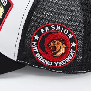 Macro detail of breathable truck cap mesh and high-density embroidered tiger badge