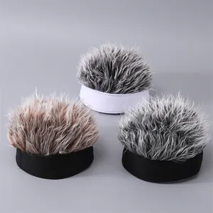 Detailed view of three hip hop wig docker hats in grey, brown and silver fluffy hair colors