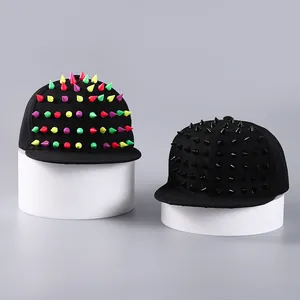 Flat brim baseball caps with vibrant colorful rivets and classic black punk studs