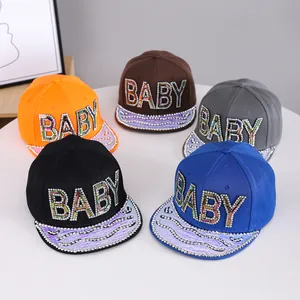 Kids flat brim hip hop caps with rhinestone BABY logo and colorful laser brims