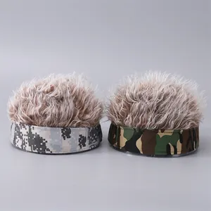 Detail of creative camouflage beanie hats with realistic light brown synthetic hair spikes