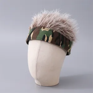 Hip hop camouflage headband wig cap with light brown hair for men on display