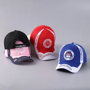 Detailed embroidery on urban baseball caps in black pink, red, and blue colors