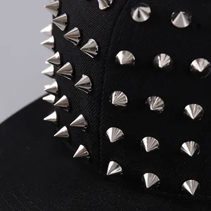 Flat brim baseball cap in black cotton with all-over silver punk metal studs detail