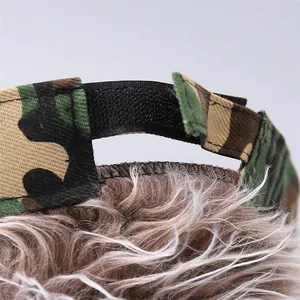 Detail of adjustable velcro strap and camouflage fabric on funny wig hat