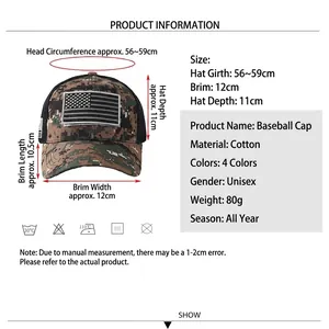 Tactical camouflage baseball cap with US flag patch and breathable mesh cotton fabric