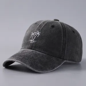 Classic washed cotton baseball cap with white palm tree embroidery in vintage black finish