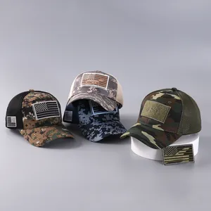 Detailed view of camouflage tactical hats with mesh panels and removable US flag patches