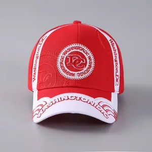 Detailed embroidery of Washington DC on a red and white baseball cap front and brim