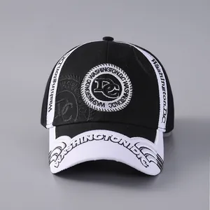 Close-up of black and white baseball cap with detailed Washington DC circular embroidery