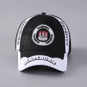 Macro detail of Hamburg 3D embroidery on black and white panel baseball cap