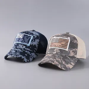 Detail of digital camouflage tactical mesh caps with American flag embroidery patches
