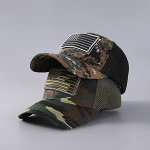 Tactical camouflage mesh baseball cap with American flag patch in digital and jungle patterns