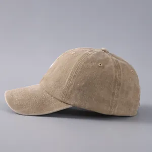 Detail of khaki corduroy baseball cap showing textured fabric and side stitching