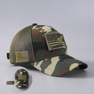 Detail of camouflage tactical cap with breathable mesh and USA flag velcro patches