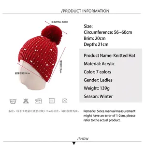 Rote Damen-Strickmütze mit Fleecefutter Perlen und Kunstpelz-Bommel für Winter