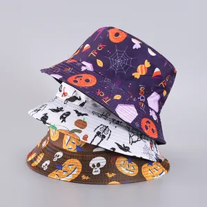 Sombrero de pescador Halloween con estampados de calabazas y calaveras multicolor