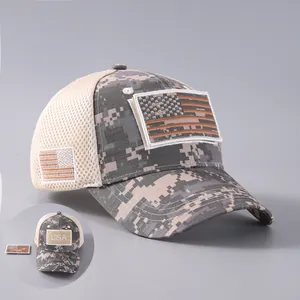 Detail of digital camouflage tactical cap with breathable mesh and USA flag velcro patch