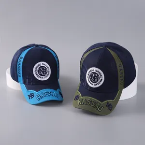 Navy baseball caps with NB Nassau embroidery in sky blue and olive green colors