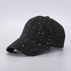 Stylish black tweed baseball cap with colorful sequins and classic pre-curved brim