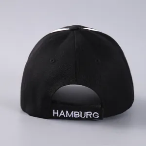 Rear view of black cotton Hamburg embroidered baseball cap with adjustable back strap