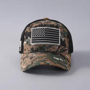Detail of tactical camo mesh hat featuring embroidered American flag and breathable back