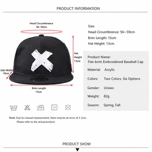 Flat brim hip hop baseball cap with X embroidery and detailed size guide and specifications