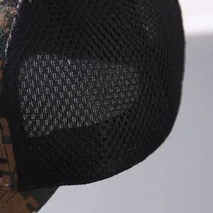 Close-up of tactical camo mesh baseball cap showing breathable texture and stitching