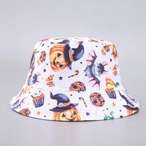 Gorro de pescador reversible de Halloween con estampados de calabaza y murciélago