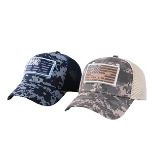 Tactical camouflage baseball hats with American flag patches and breathable mesh backing