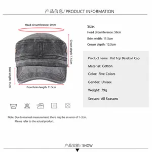 Flat top cotton military cap in dark grey with product dimensions and weight details