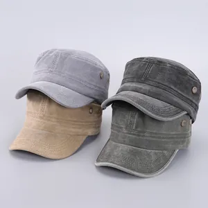 Detailed view of washed cotton cadet caps in grey, khaki and green with metal eyelets