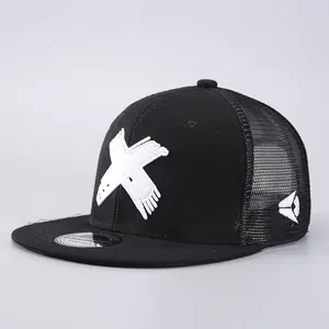Black snapback hat with white X embroidery and breathable mesh back in side view