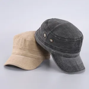 Flat top cotton cadet cap in khaki and vintage black with washed finish and metal eyelets