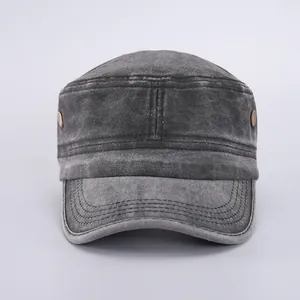 Close-up of deep gray washed cotton cadet cap featuring vintage metal side buttons
