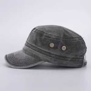Charcoal grey washed cotton flat top army cap with metal eyelets and adjustable strap