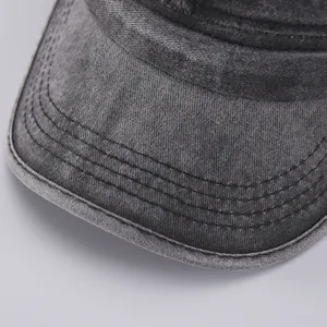 Macro shot of charcoal grey washed cotton twill flat top army cap with detailed stitching
