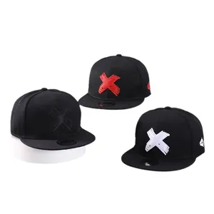 Flat brim snapback baseball caps with 3D embroidered X logo in red, white and black colors