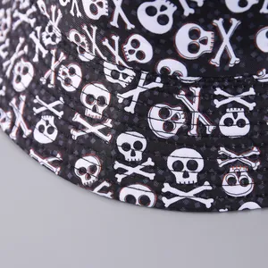 Macro shot showing white skull prints and clean stitching on a black bucket hat edge