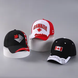 Close-up of high-quality CANADA embroidery and maple leaf patterns on three baseball caps